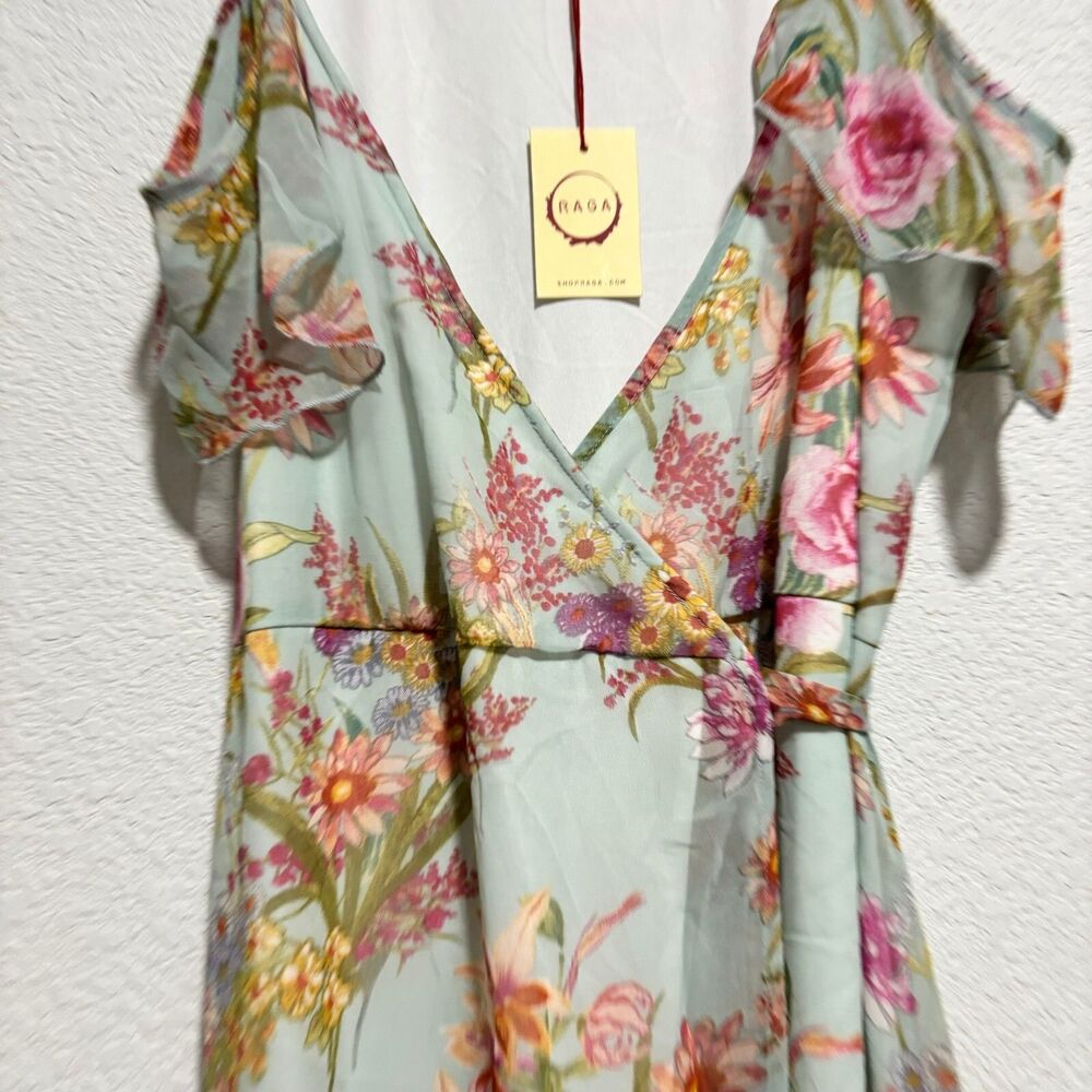 Raga Morning Bloom Floral Long Wrap Dress Large Multicolor Cold Shoulder Lined - Picture 4 of 10